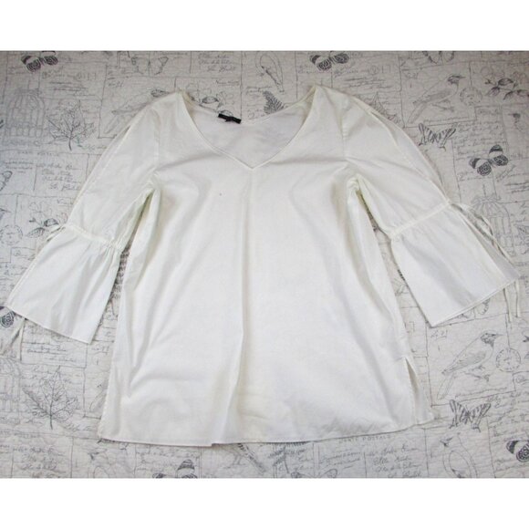 Lafayette 148 Womens stretch cotton White V Neck Tunic Top Bell Slv Tie L - Picture 4 of 5